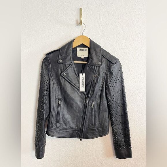 L’AGENCE Jacket black Leather studded Moto Biker Jacket NWT XS - Picture 2 of 12